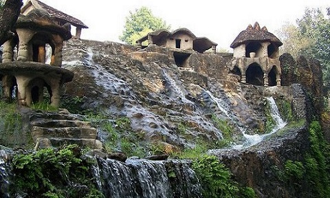 Sculptures and waterfalls at the Rock Garden in Chandigarh